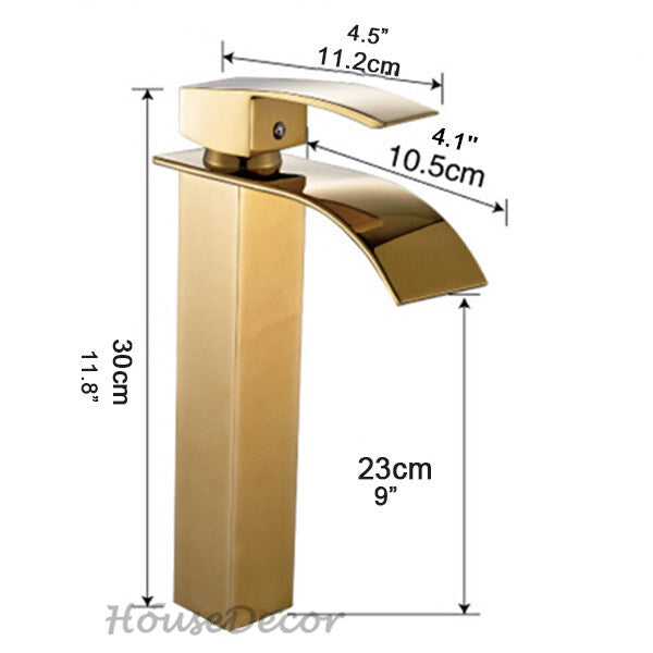 Gold bath shower mixer tap waterfall spout detail view