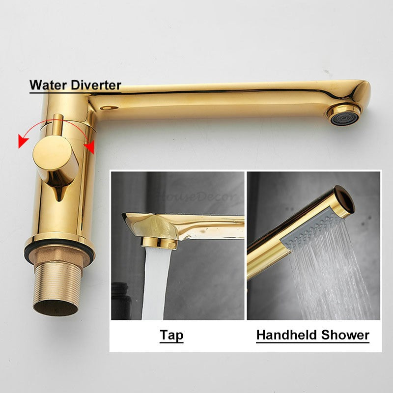 Gold Bathroom Tub Mixer Tap Hand Shower Luxury 3 Hole Deck Mounted Bath Faucet