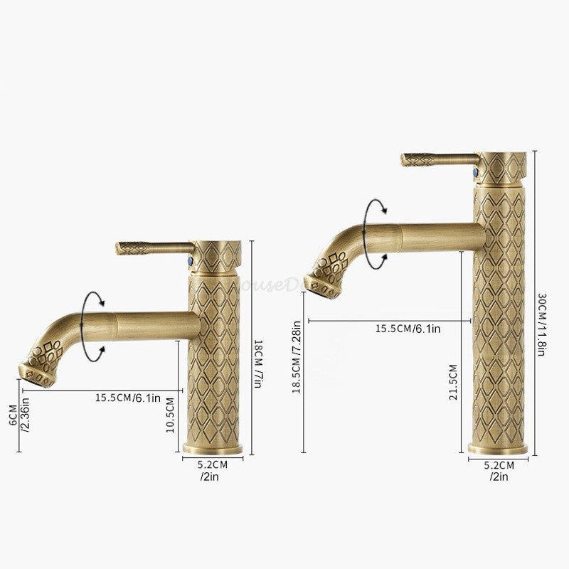 Diamond Pattern Engraved Brass Basin Mixer Tap Bathroom Countertop ‌Single Hole