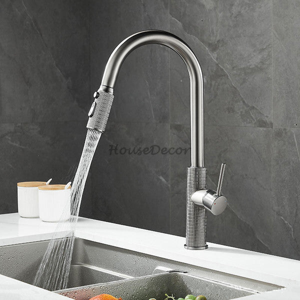Modern kitchen sink mixer tap pull out spray detail view