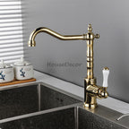 Gold Ceramic kitchen sink mixer tap swivel spout detail view