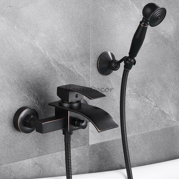 Black bath shower mixer tap waterfall spout detail view