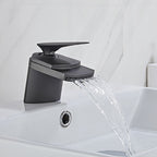 Black bath shower mixer tap waterfall spout detail view