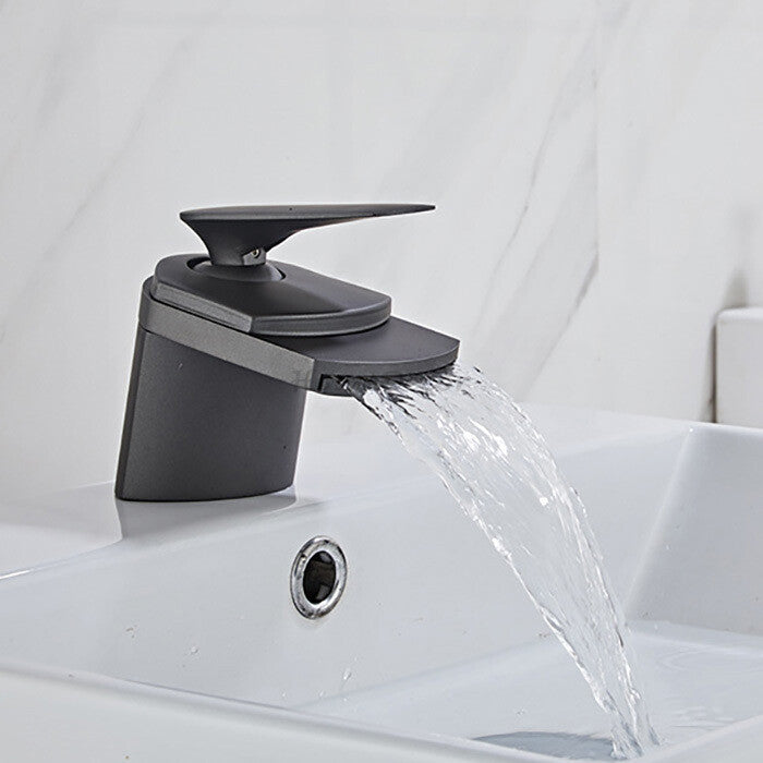 Black bath shower mixer tap waterfall spout detail view