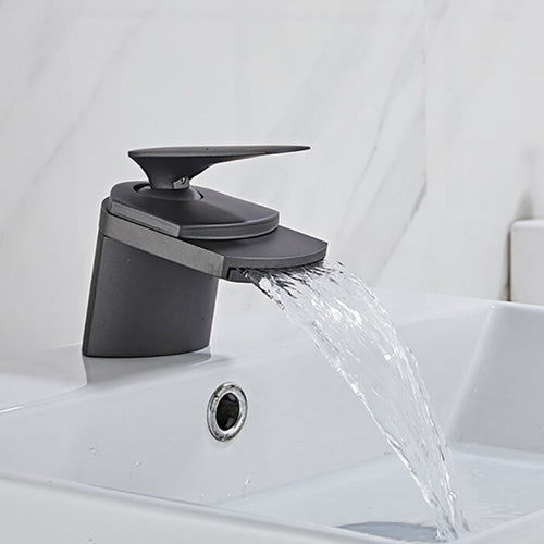 Black bath shower mixer tap waterfall spout detail view