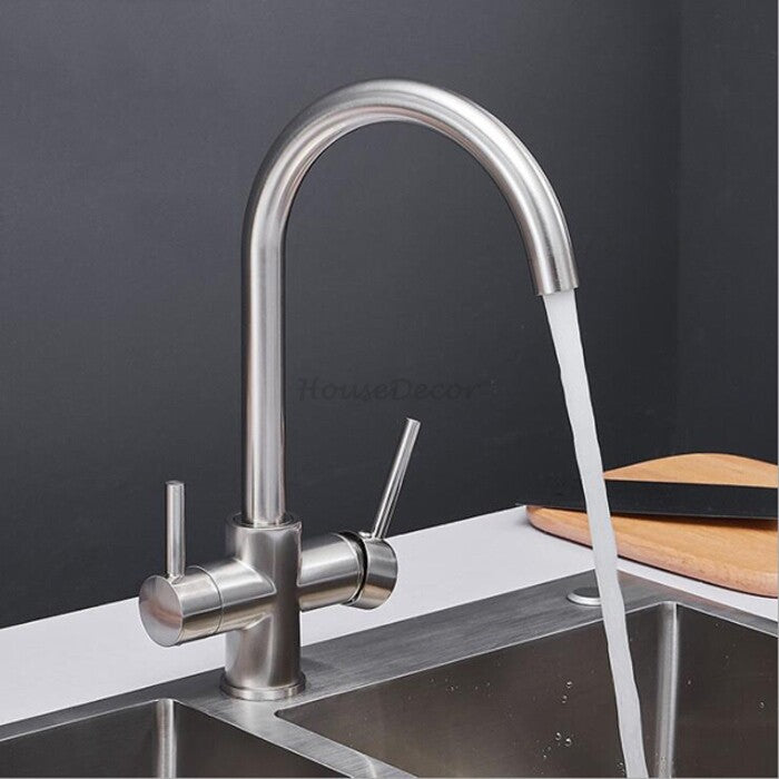 Modern kitchen sink mixer tap swivel spout detail view