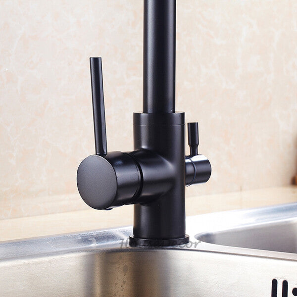 Black kitchen sink mixer tap swivel spout detail view