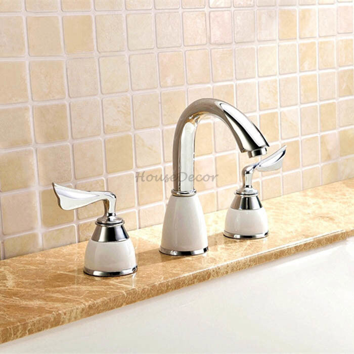 Chrome Ceramic bathroom basin mixer tap deck mounted design detail view
