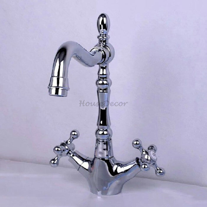 Modern kitchen sink mixer tap dual handle control detail view
