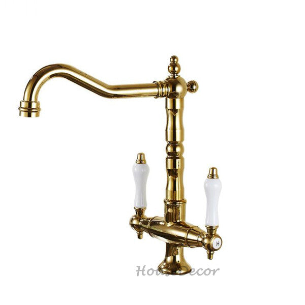 Gold kitchen sink mixer tap swivel spout main view