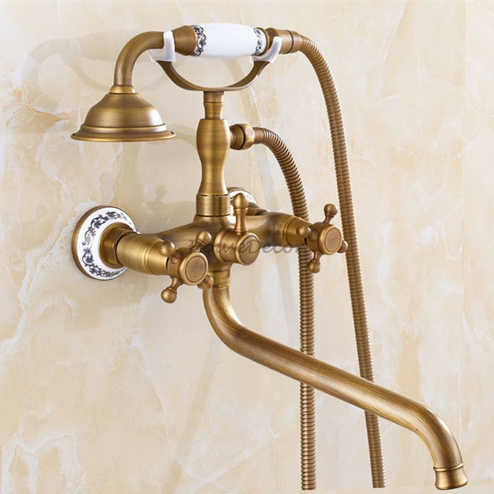 Antique Brass bath shower mixer tap swivel spout detail view