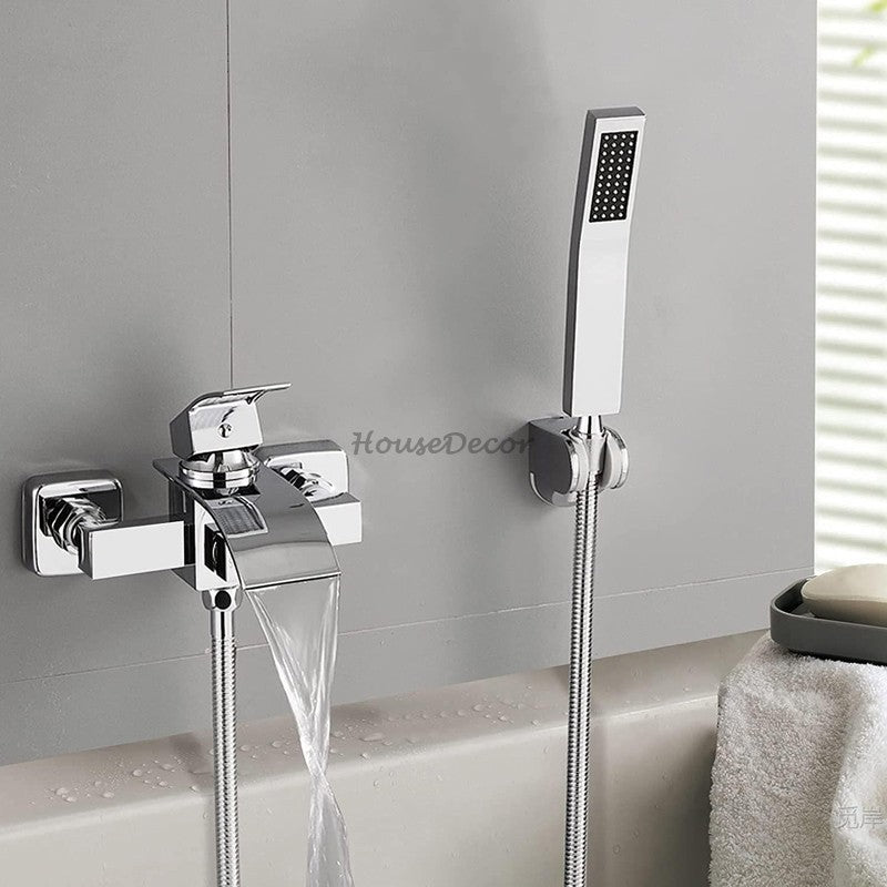 Modern bath shower mixer tap waterfall spout detail view