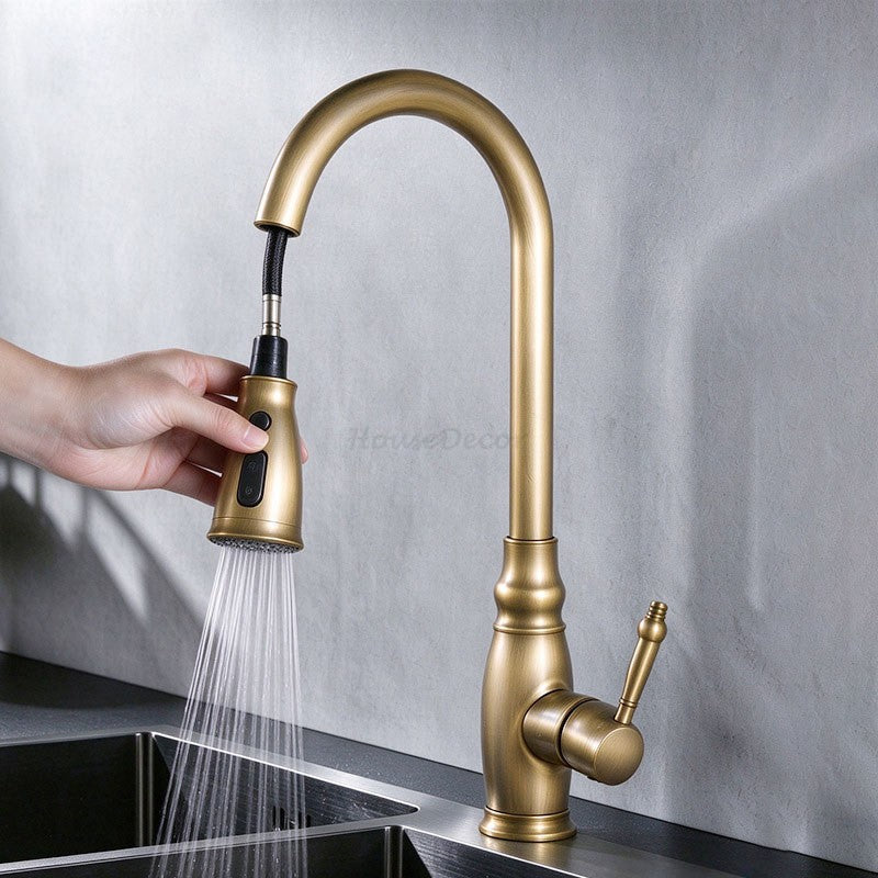Brushed Brass Kitchen Sink Mixer Tap Pull Out Spray Mono Vintage Swivel Faucet