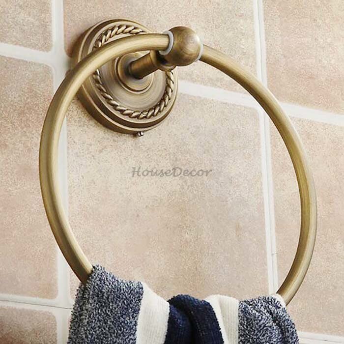 Antique Brass towel ring wall mounted design detail view