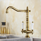 Gold kitchen sink mixer tap swivel spout detail view