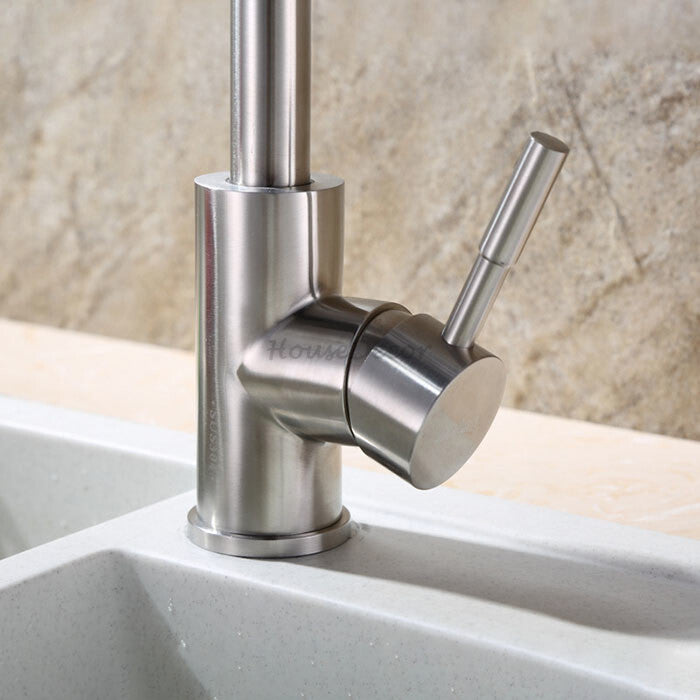 Modern Stainless Steel kitchen sink mixer tap swivel spout detail view