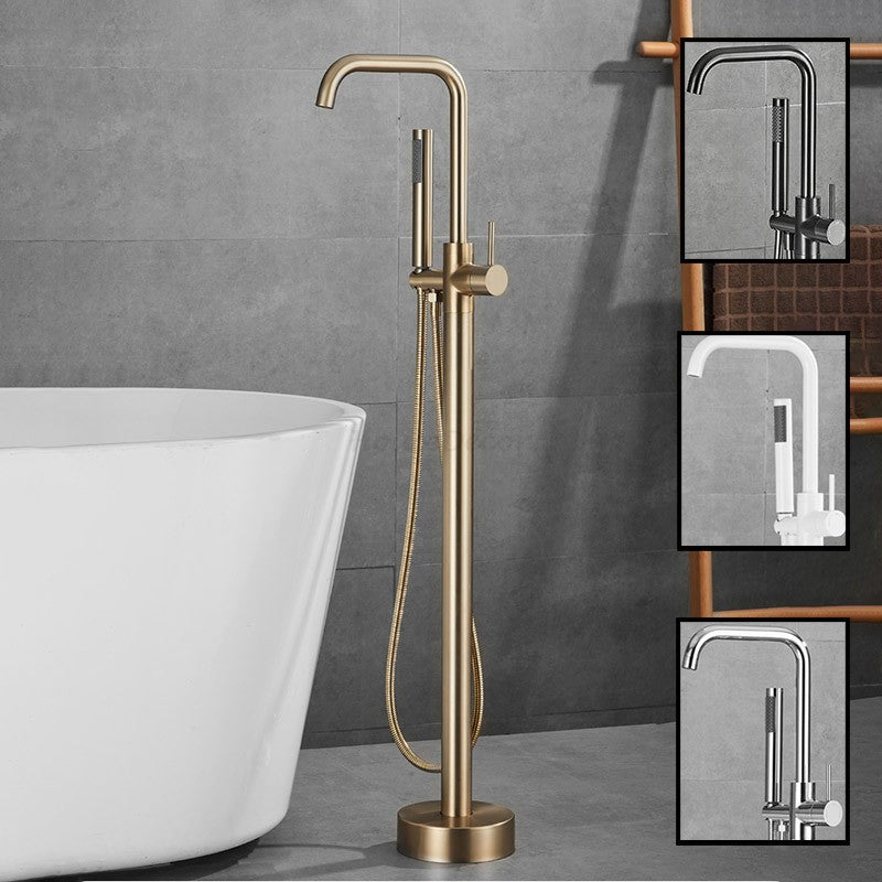 A freestanding bathtub faucet in brushed brass/gold finish shown beside a white freestanding bathtub, with three inset detail images on the right showing close-ups of the faucet and shower hose.