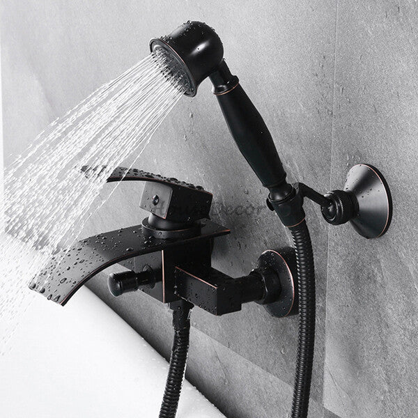 Black bath shower mixer tap waterfall spout detail view