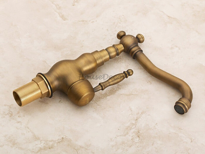 Antique Brass kitchen sink mixer tap swivel spout detail view