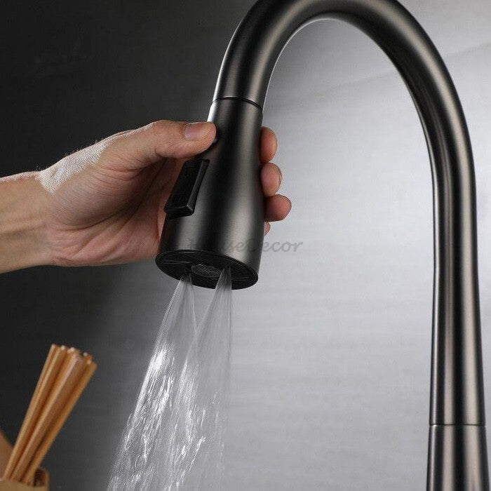 Modern kitchen sink mixer tap pull out spray detail view