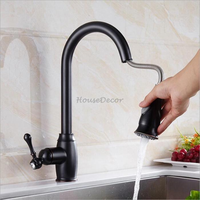 Black Brass kitchen sink mixer tap pull out spray main view