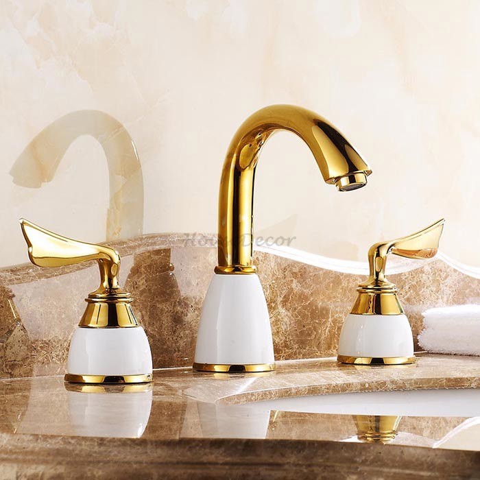 Gold Ceramic bathroom basin mixer tap 3 hole installation detail view