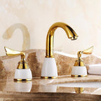 Gold Ceramic bathroom basin mixer tap 3 hole installation detail view