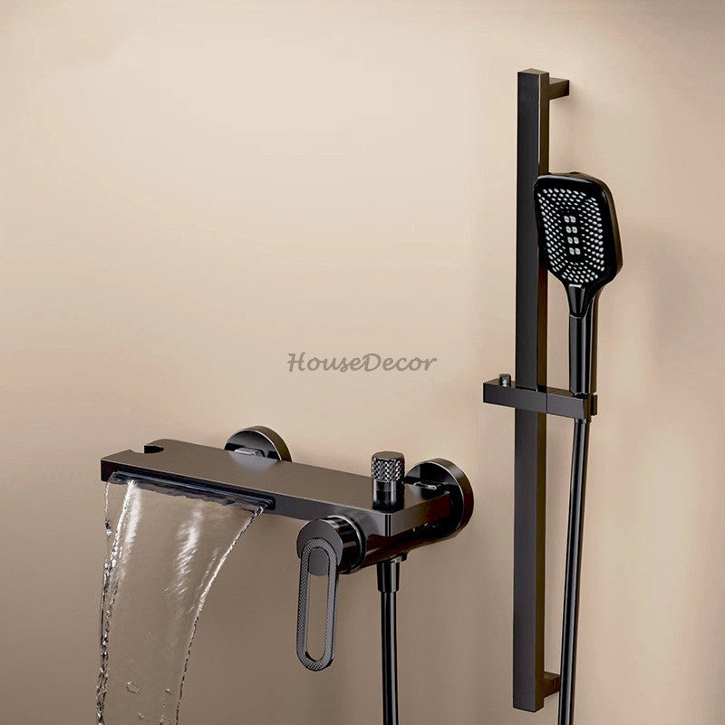 Modern bath shower mixer tap waterfall spout detail view