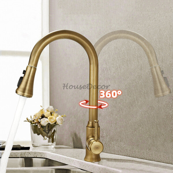 Antique Brass kitchen sink mixer tap pull out spray detail view