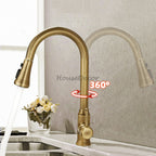 Antique Brass kitchen sink mixer tap pull out spray detail view