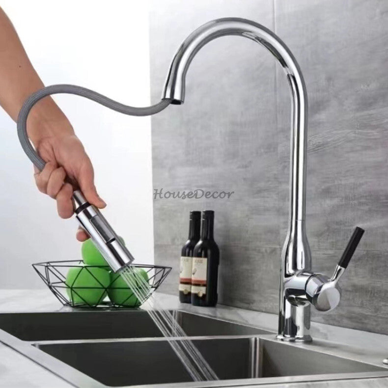 Modern kitchen sink mixer tap pull out spray detail view