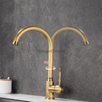 Modern Brass kitchen sink mixer tap swivel spout detail view