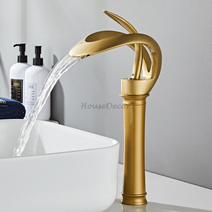 Modern bath shower mixer tap waterfall spout detail view