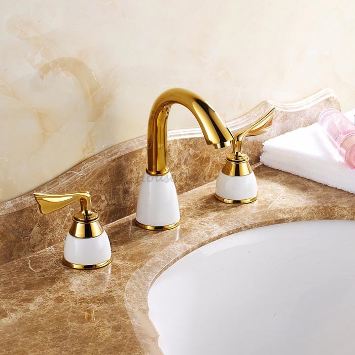 Gold Ceramic bathroom basin mixer tap 3 hole installation main view