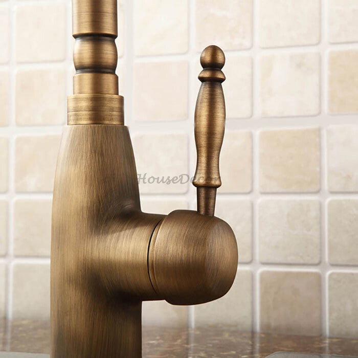 Antique Brass kitchen sink mixer tap swivel spout detail view