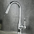 Modern kitchen sink mixer tap swivel spout detail view
