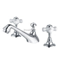 Brass bathroom basin mixer tap dual handle control detail view