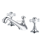 Brass bathroom basin mixer tap dual handle control detail view