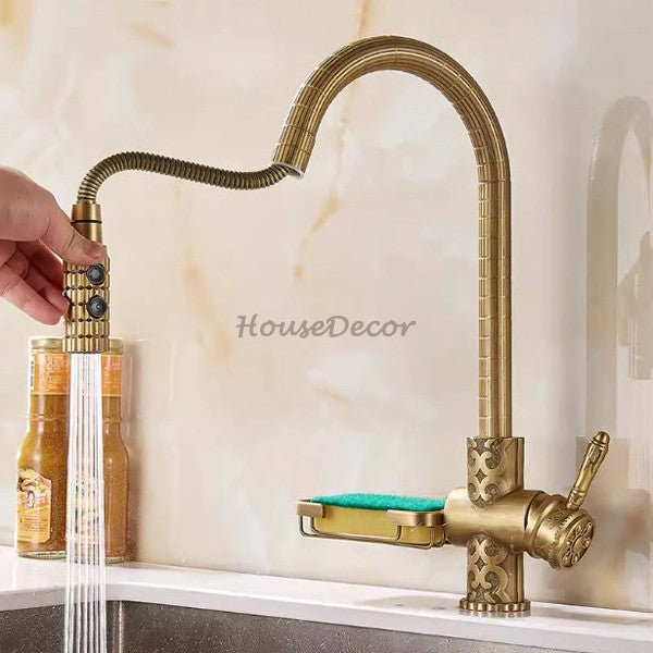 Modern Brass kitchen sink mixer tap pull out spray detail view