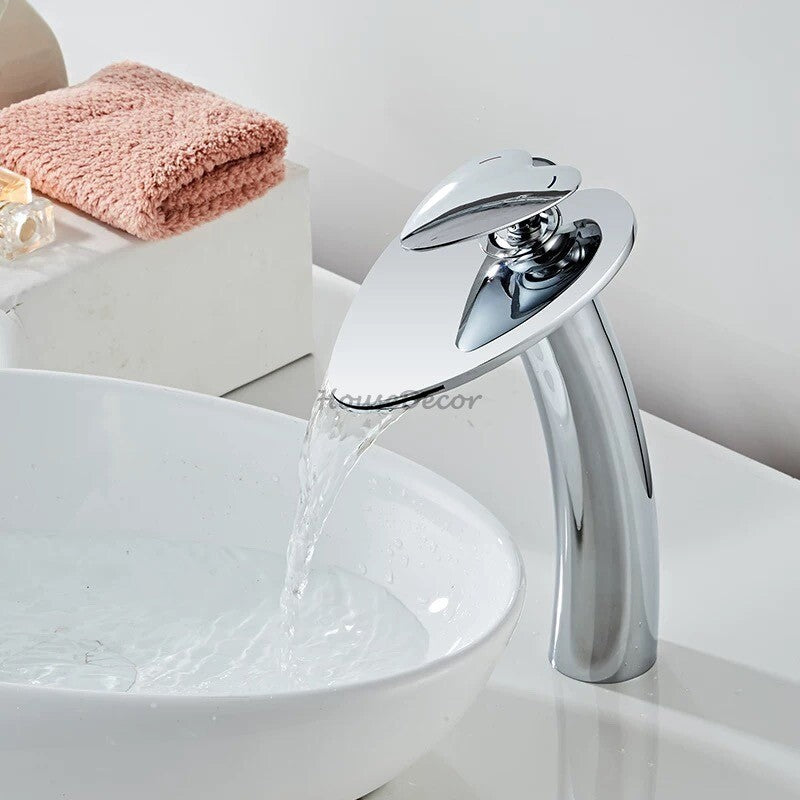 Modern bath shower mixer tap waterfall spout detail view