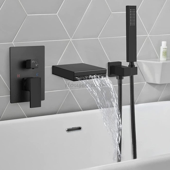Modern bath shower mixer tap waterfall spout detail view