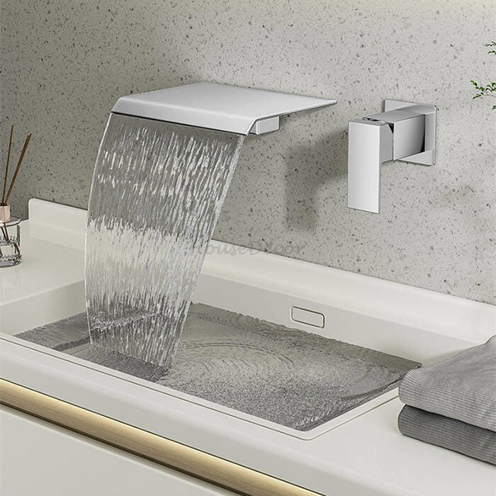 Modern bath shower mixer tap waterfall spout detail view