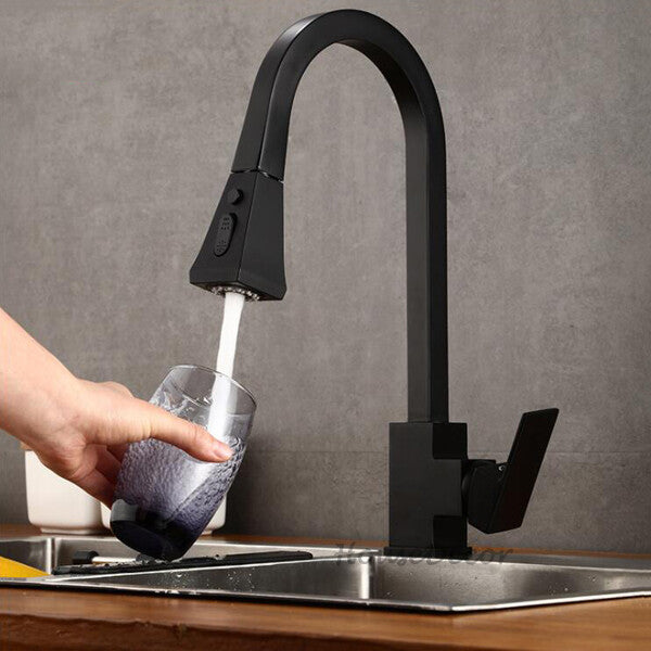 Modern kitchen sink mixer tap pull out spray detail view