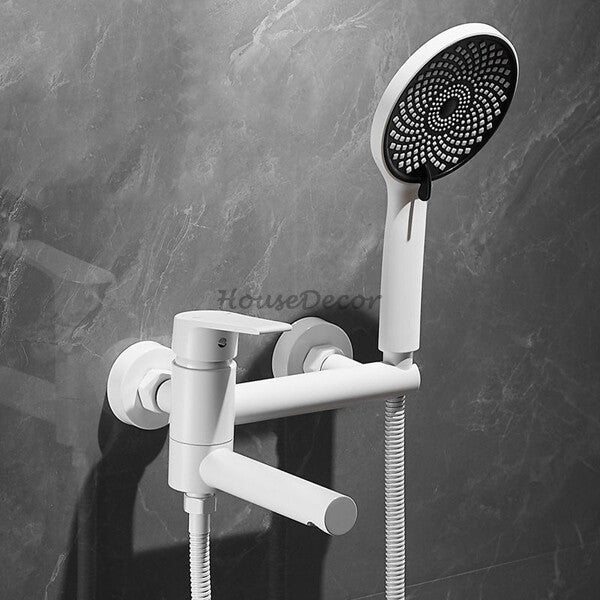 White bath shower mixer tap swivel spout detail view