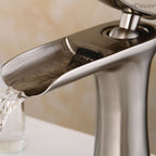 Brushed Nickel Brass bathroom basin mixer tap waterfall spout detail view
